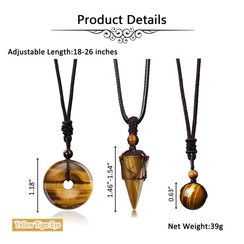 Jovivi 3 Pcs Tiger Eye Crystal Stone Necklaces Set for Men Women Natural Healing Gemstone Hexagonal Bead Donut Necklace Adjustable Rope Crystal Chakra Pendant Jewelry for Reiki Energy Protection - Image 5
