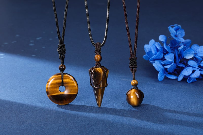 Jovivi 3 Pcs Tiger Eye Crystal Stone Necklaces Set for Men Women Natural Healing Gemstone Hexagonal Bead Donut Necklace Adjustable Rope Crystal Chakra Pendant Jewelry for Reiki Energy Protection - Image 2