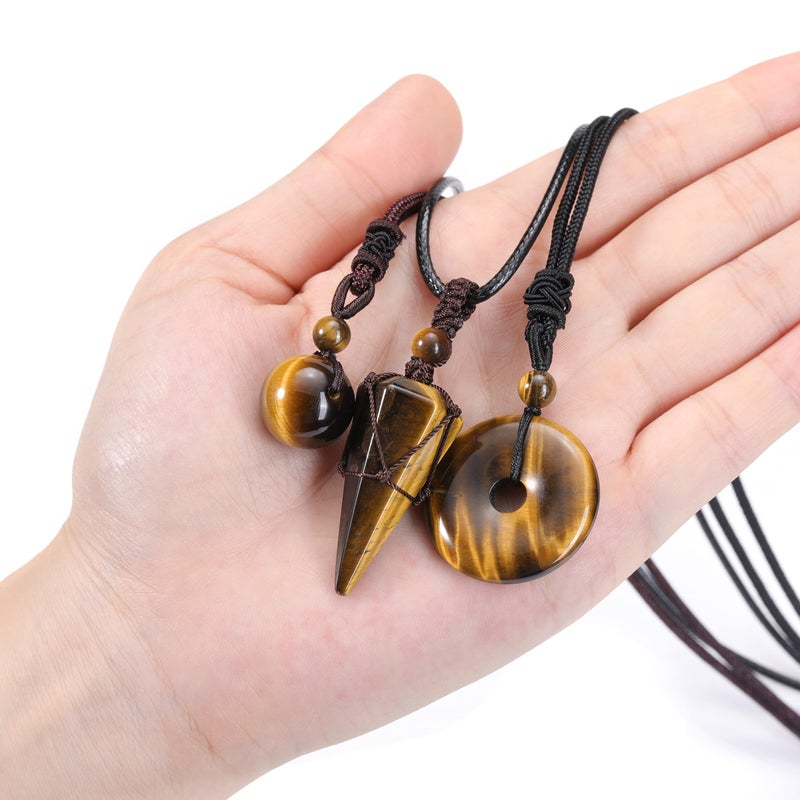 Jovivi 3 Pcs Tiger Eye Crystal Stone Necklaces Set for Men Women Natural Healing Gemstone Hexagonal Bead Donut Necklace Adjustable Rope Crystal Chakra Pendant Jewelry for Reiki Energy Protection - Image 3