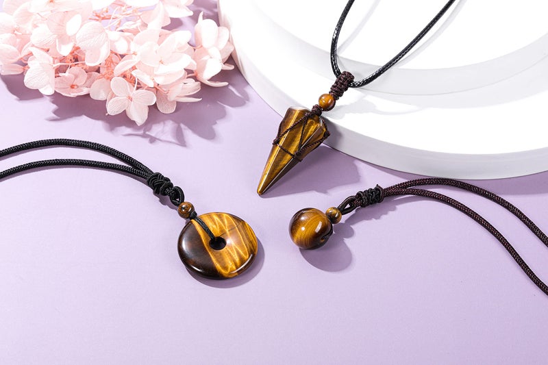 Jovivi 3 Pcs Tiger Eye Crystal Stone Necklaces Set for Men Women Natural Healing Gemstone Hexagonal Bead Donut Necklace Adjustable Rope Crystal Chakra Pendant Jewelry for Reiki Energy Protection - Image 4