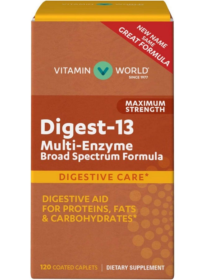 VITAMIN WORLD Digest13 Multienzyme Broad Spectrum Formula ; Maximum Strength ; Digestive Aid 120 Caplets  - Image 1