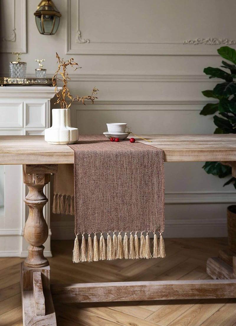 ZeeMart Brown Table Runners 90 Inches Long, Burlap Linen Style Rustic Farmhouse Table Runner, Long Boho Dining Table Runner, 13x90 Inches, Brown - Image 3