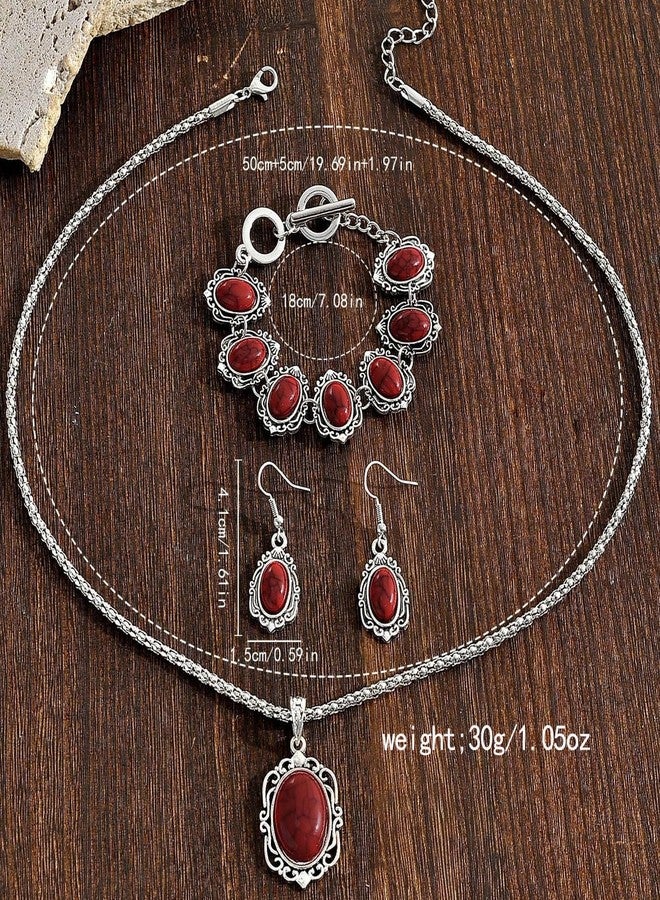 DATOA Bohemian Jewelry Set Fashion Costume Jewels Boho Turquoise Necklace Bracelet Earrings Western Turquoise Jewelry Set for Women - Black - Image 3