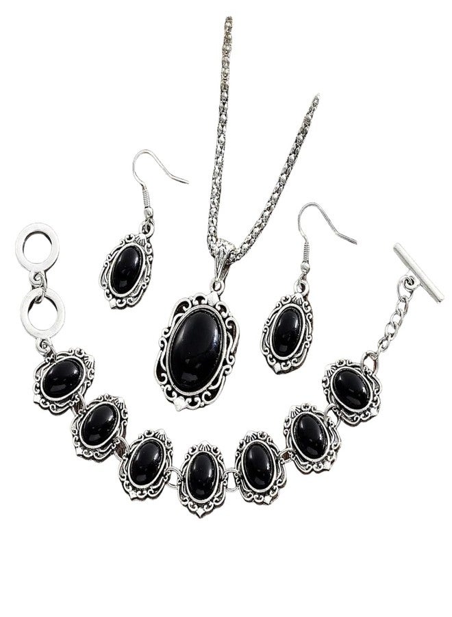 DATOA Bohemian Jewelry Set Fashion Costume Jewels Boho Turquoise Necklace Bracelet Earrings Western Turquoise Jewelry Set for Women - Black - Image 1