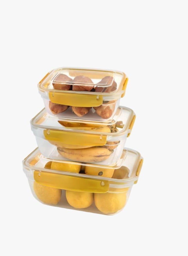 Dunya plastic BPA free rectangular master container set air tighted lid can be used for food storage meal prep food storage set of 3pcs varies in the set 400,800,1400 ml yellow