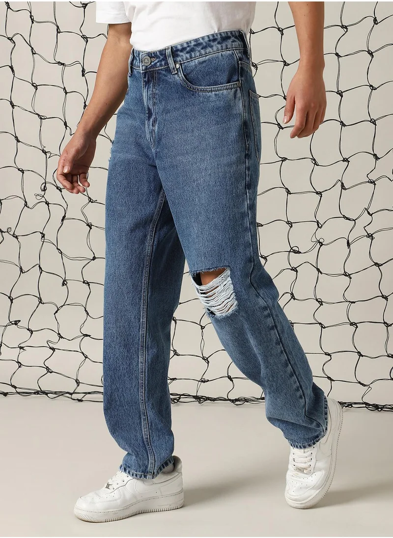 هوبرهولمي Men's Indigo 100% Cotton Distressed Full Length Relaxed Fit Jeans