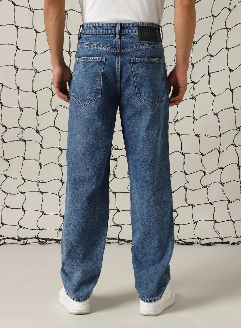 Hubberholme Men's Indigo 100% Cotton Distressed Full Length Relaxed Fit Jeans