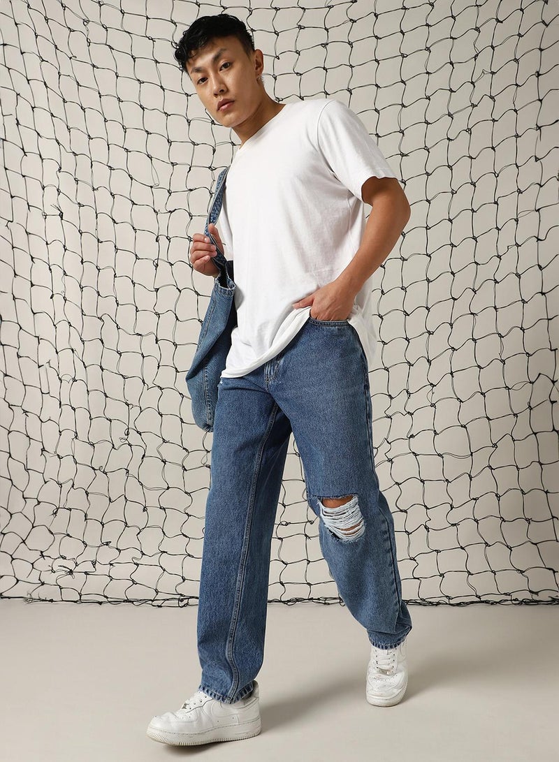 Hubberholme Men's Indigo 100% Cotton Distressed Full Length Relaxed Fit Jeans  - Image 1