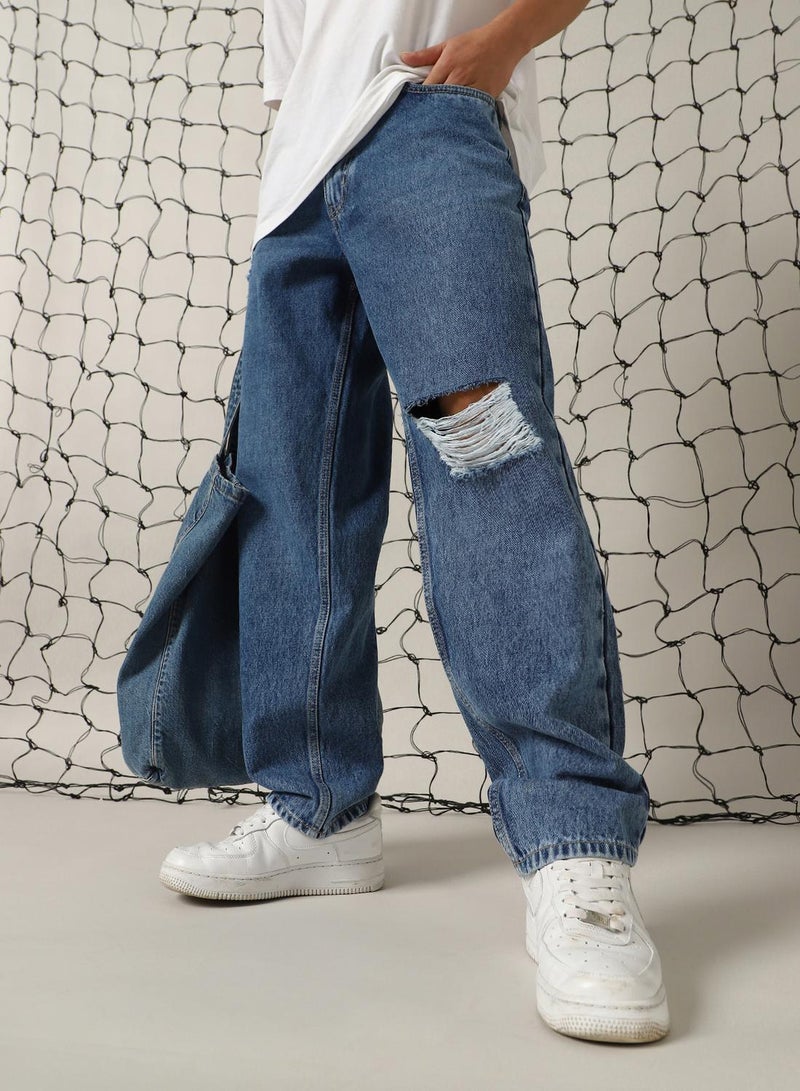 Hubberholme Men's Indigo 100% Cotton Distressed Full Length Relaxed Fit Jeans  - Image 5