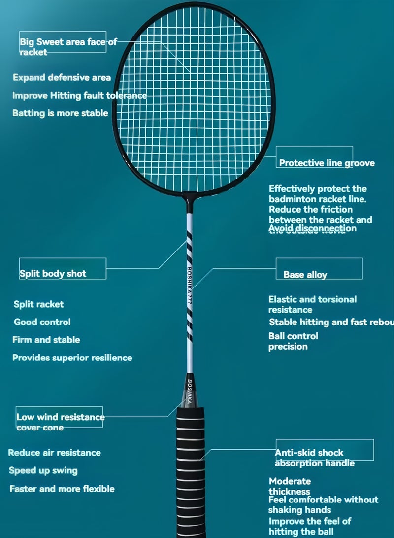 Boshika Badminton Racquets Set for 2 Players Professional Badminton Rackets with 3 Shuttlecocks and Carrying Bag One Piece Lightweight Racquet for Outdoor Training and Family Games Black - Image 3