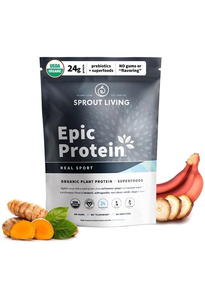 Sprout Living , Epic Protein, Plant Based Protein & Superfoods Powder, Real Sport | 24 Grams Organic Protein Powder, Recovery, Vegan, Non Dairy, Non-GMO, Gluten Free, Low Sugar (1 Pound, 12 Servings)  - Image 1