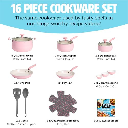 Tasty Clean Ceramic Non-Stick Aluminum Cookware Set, Tempered Glass Lid, Dishwasher Safe, 16-Piece, Pink - Image 5