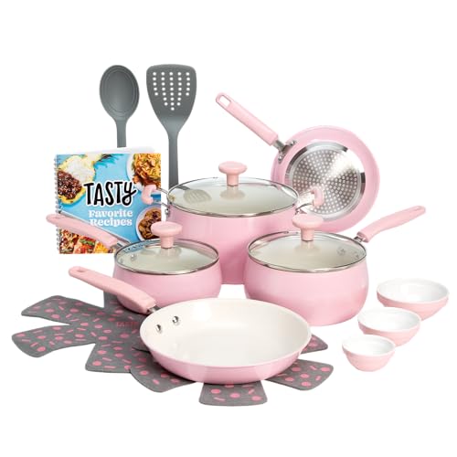 Tasty Clean Ceramic Non-Stick Aluminum Cookware Set, Tempered Glass Lid, Dishwasher Safe, 16-Piece, Pink - Image 1