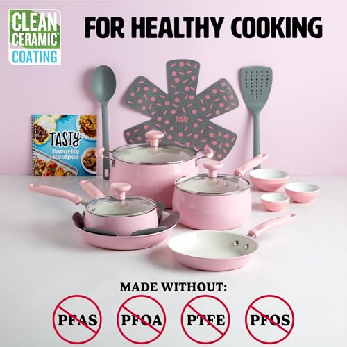 Tasty Clean Ceramic Non-Stick Aluminum Cookware Set, Tempered Glass Lid, Dishwasher Safe, 16-Piece, Pink - Image 3