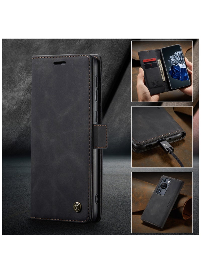 حافظة هاتف متوافقة مع لهواوي بي 60 / بي 60 برو ، حافظة جلدية مقاومة للخدش ، فتحات بطاقات ، جيب نقود ، أسود - Image 4