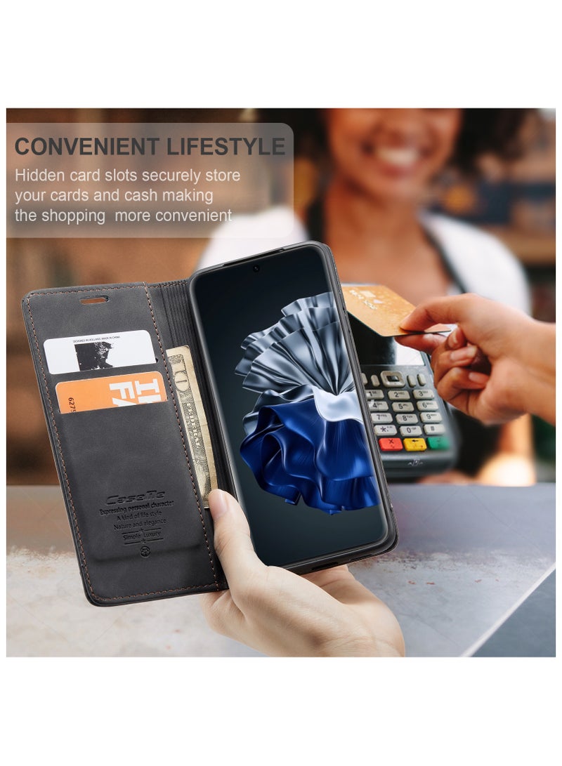 حافظة هاتف متوافقة مع لهواوي بي 60 / بي 60 برو ، حافظة جلدية مقاومة للخدش ، فتحات بطاقات ، جيب نقود ، أسود - Image 5