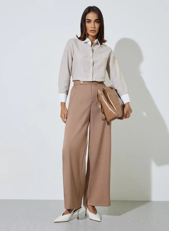 Styli Beige Striped Shirt with Contrast Collar