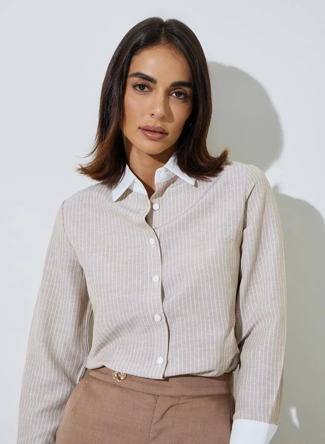 Styli Beige Striped Shirt with Contrast Collar
