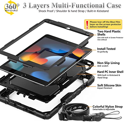 SEYMAC stock Case for iPad 9th/ 8th/ 7th Generation 10.2'', Shockproof with Screen Protector, Pencil Holder [360° Rotating Hand Strap] & Stand, for iPad 10.2 inch 2021-2019 (Black) - Image 5