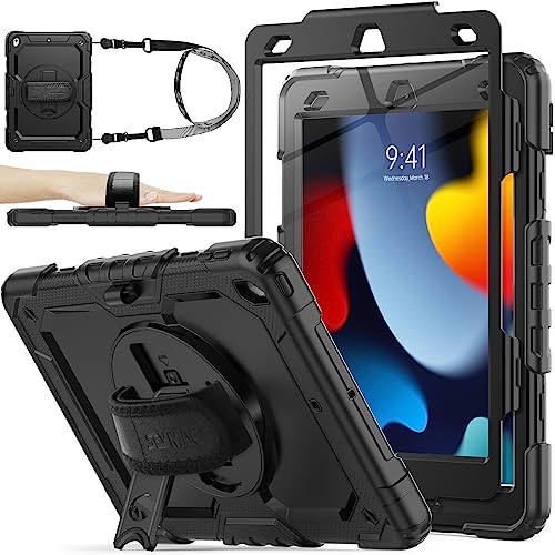 SEYMAC stock Case for iPad 9th/ 8th/ 7th Generation 10.2'', Shockproof with Screen Protector, Pencil Holder [360° Rotating Hand Strap] & Stand, for iPad 10.2 inch 2021-2019 (Black) - Image 1