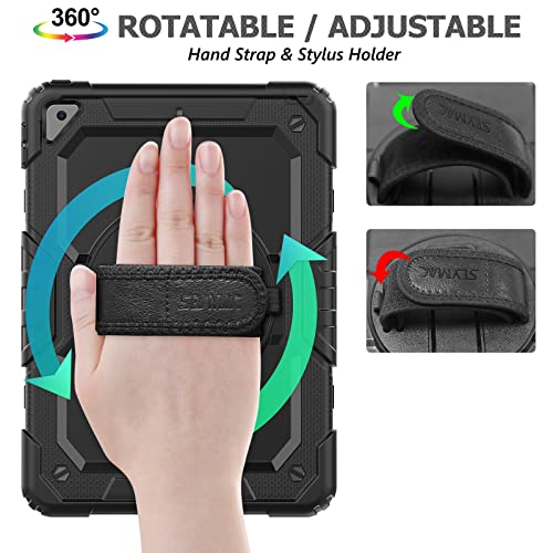SEYMAC stock Case for iPad 9th/ 8th/ 7th Generation 10.2'', Shockproof with Screen Protector, Pencil Holder [360° Rotating Hand Strap] & Stand, for iPad 10.2 inch 2021-2019 (Black) - Image 2