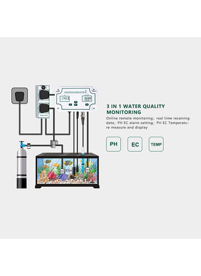 Generic - 3-in-1 pH/EC/TEMP Water Quality Detector Wireless WiFi Online pH EC Controller Professional pH Controller with Relay Plug Repleaceable Electrode BNC Type Probe Water Quality Tester - Image 1