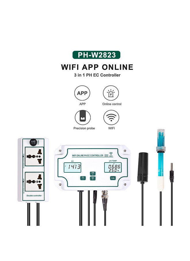 Generic - 3-in-1 pH/EC/TEMP Water Quality Detector Wireless WiFi Online pH EC Controller Professional pH Controller with Relay Plug Repleaceable Electrode BNC Type Probe Water Quality Tester - Image 1