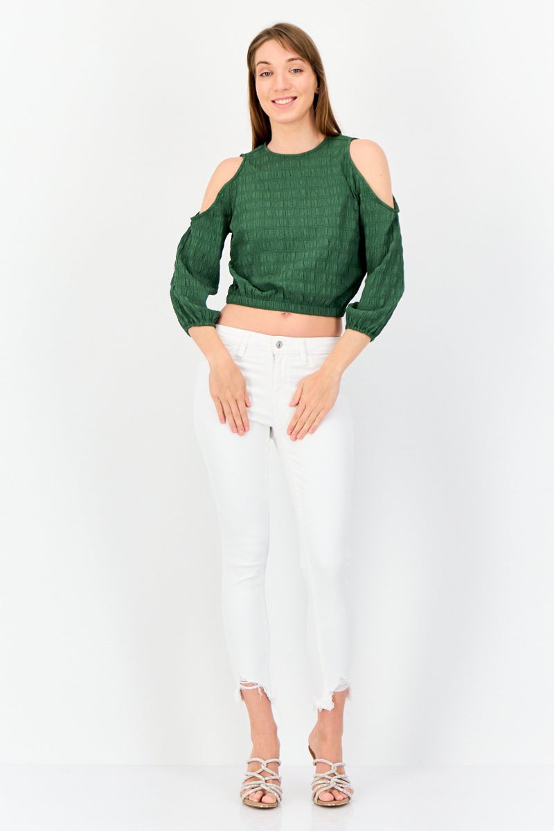 ONLY Women Round Neck Long Sleeves Textured Cut Out Blouse, Green - Image 2
