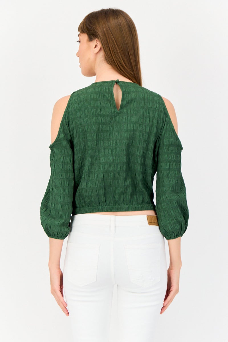 ONLY Women Round Neck Long Sleeves Textured Cut Out Blouse, Green - Image 4