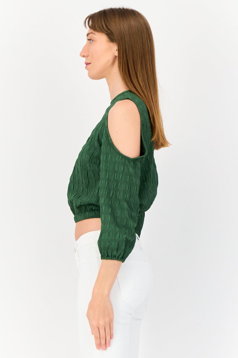 ONLY Women Round Neck Long Sleeves Textured Cut Out Blouse, Green - Image 3