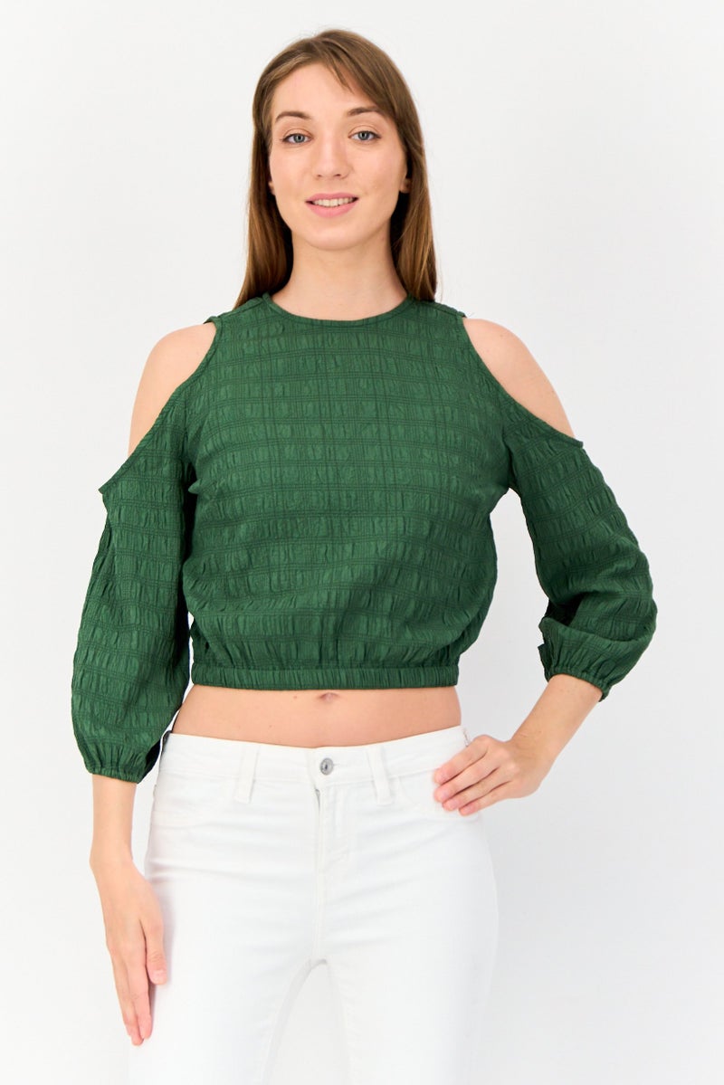 ONLY Women Round Neck Long Sleeves Textured Cut Out Blouse, Green - Image 1
