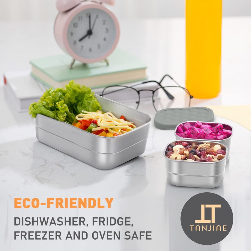 Tanjiae Stainless Steel Lunch Snack Containers | Leak Proof 304 Stainless Steel Food Containers with Silicone Lids - Perfect Metal Food Containers with Lids for School and Daycare (25oz+8oz*2) - Image 4