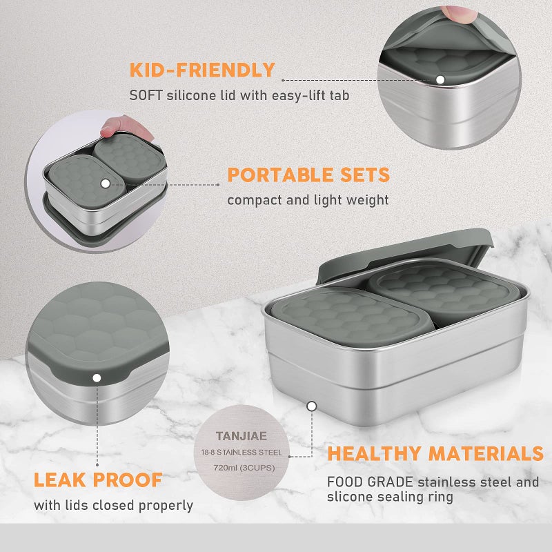 Tanjiae Stainless Steel Lunch Snack Containers | Leak Proof 304 Stainless Steel Food Containers with Silicone Lids - Perfect Metal Food Containers with Lids for School and Daycare (25oz+8oz*2) - Image 2