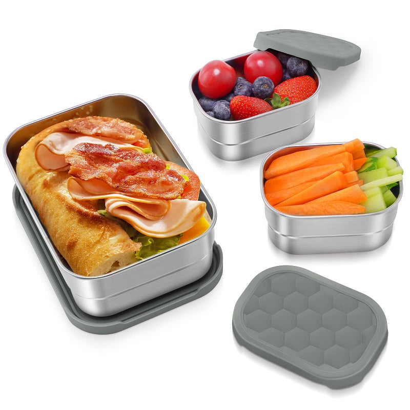 Tanjiae Stainless Steel Lunch Snack Containers | Leak Proof 304 Stainless Steel Food Containers with Silicone Lids - Perfect Metal Food Containers with Lids for School and Daycare (25oz+8oz*2) - Image 1