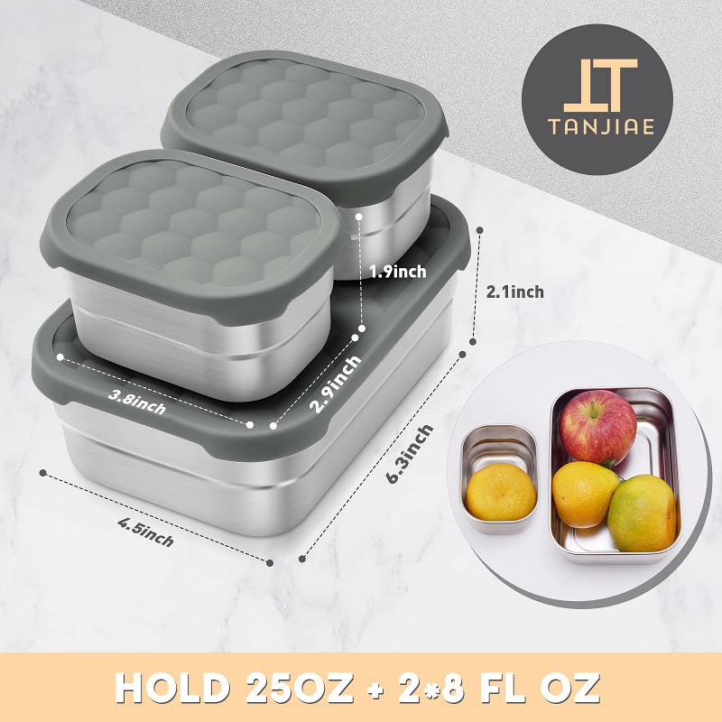Tanjiae Stainless Steel Lunch Snack Containers | Leak Proof 304 Stainless Steel Food Containers with Silicone Lids - Perfect Metal Food Containers with Lids for School and Daycare (25oz+8oz*2) - Image 3