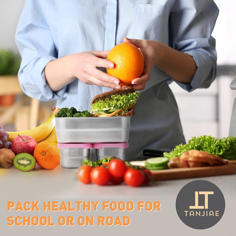 Tanjiae Stainless Steel Lunch Snack Containers | Leak Proof 304 Stainless Steel Food Containers with Silicone Lids - Perfect Metal Food Containers with Lids for School and Daycare (25oz+8oz*2) - Image 5