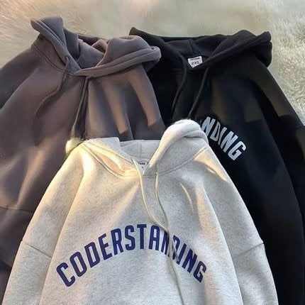American-style Hooded Sweater Mens Autumn and Winter Fleece-lined Loose Casual Coat Trendy Brand Niche Design Sense Letter Top Men Black