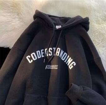 American-style Hooded Sweater Mens Autumn and Winter Fleece-lined Loose Casual Coat Trendy Brand Niche Design Sense Letter Top Men Black
