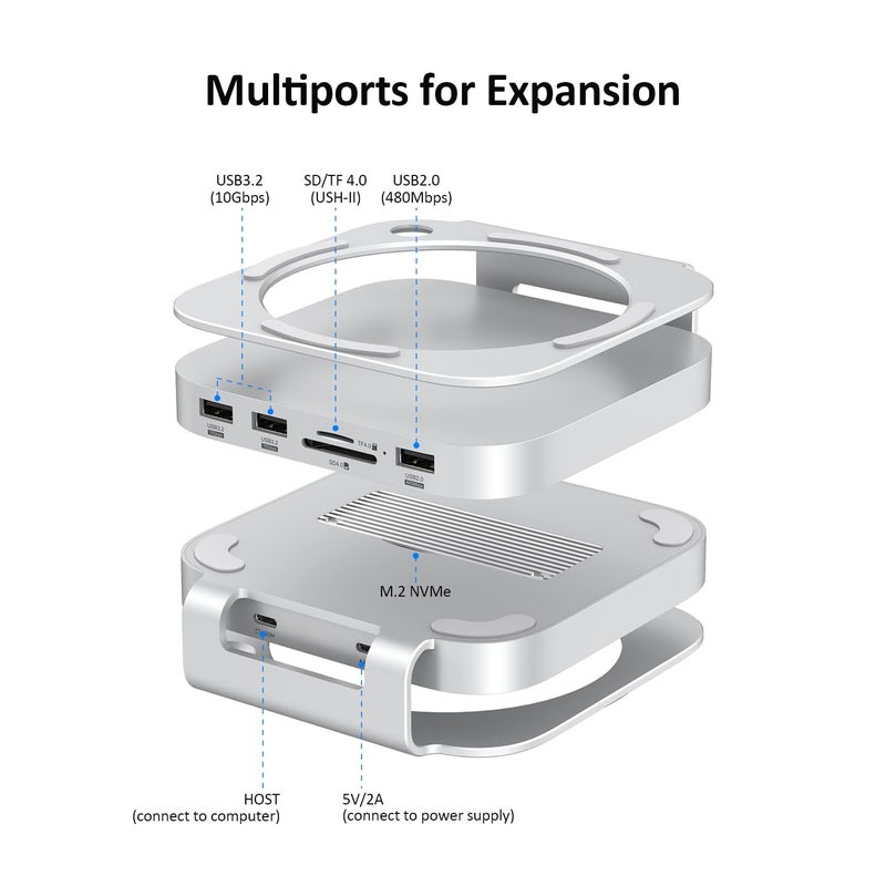 AKKYAJAURE Akyyajaure Mac mini Hub: 9 in 1 Aluminum Stand & Dock for Mac mini M4 Pro with M.2 NVMe SSD Enclosure, 10Gbps USB-A*2, SD/TF Card Readers, USB 2.0 - Image 2