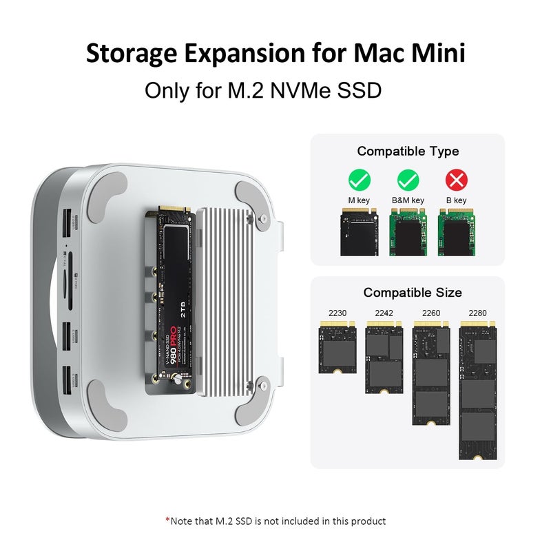 AKKYAJAURE Akyyajaure Mac mini Hub: 9 in 1 Aluminum Stand & Dock for Mac mini M4 Pro with M.2 NVMe SSD Enclosure, 10Gbps USB-A*2, SD/TF Card Readers, USB 2.0 - Image 3