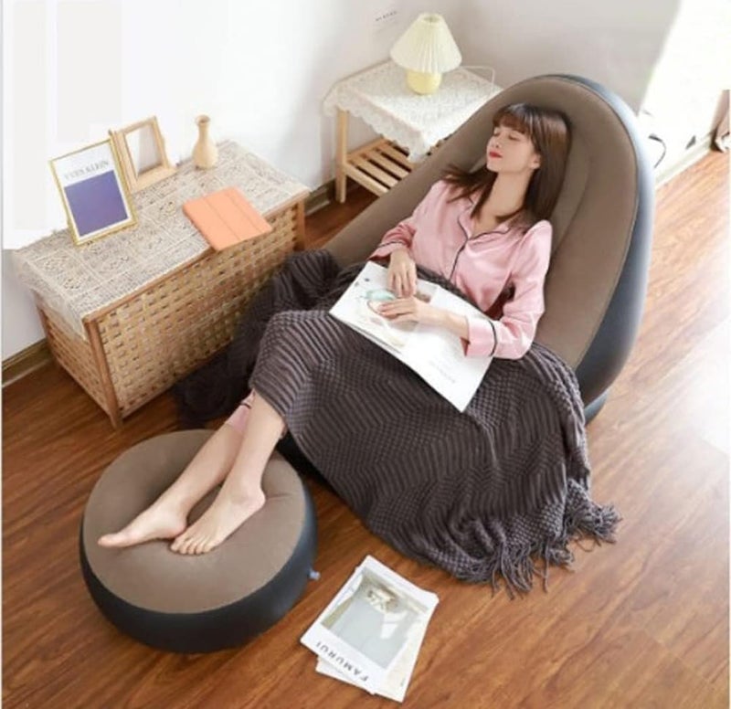 Generic Inflatable Lounge Chair with Ottoman Indoor Outdoor Portable Sofa Set Grey and Black  - Image 2