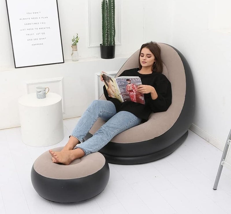Generic Inflatable Lounge Chair with Ottoman Indoor Outdoor Portable Sofa Set Grey and Black  - Image 1