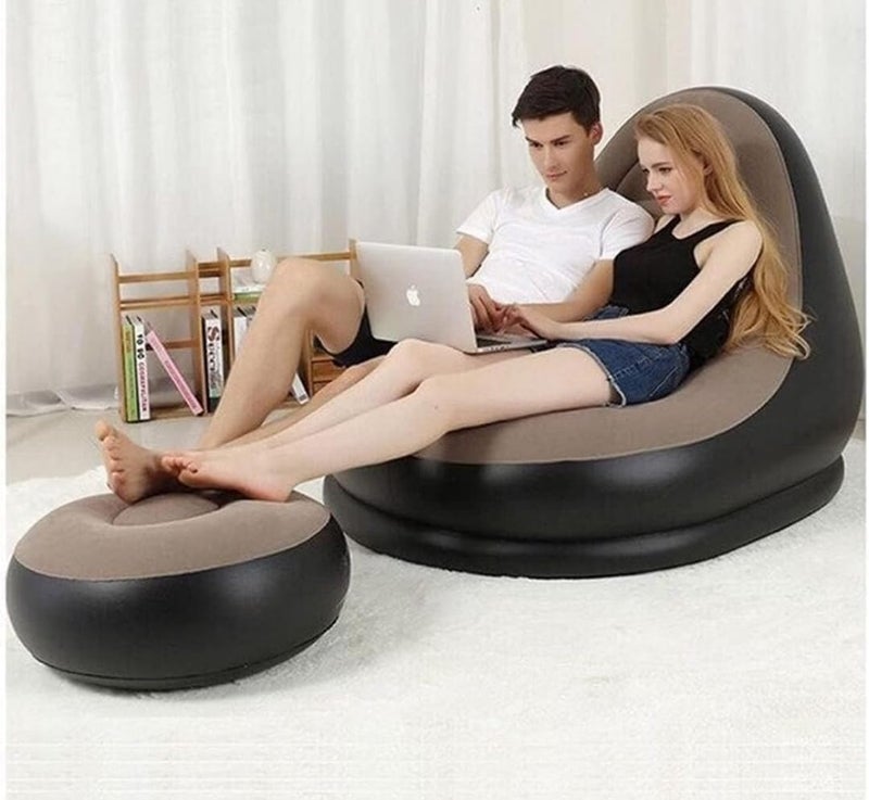 Generic Inflatable Lounge Chair with Ottoman Indoor Outdoor Portable Sofa Set Grey and Black  - Image 3