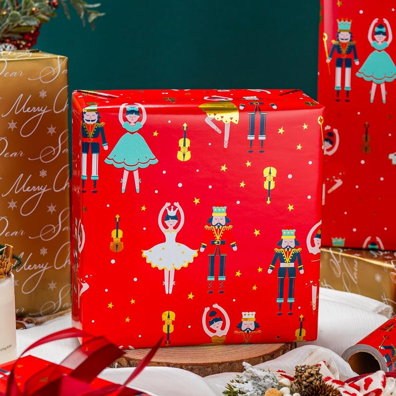 MAYPLUSS Red Christmas Wrapping Paper Roll - 17IN X 33FT - Christmas Nutcracker Gift Wrapping Paper Featuring Ballet Guitar Gold Star Reversible Gold for Kids, Holiday, New Year - Image 2