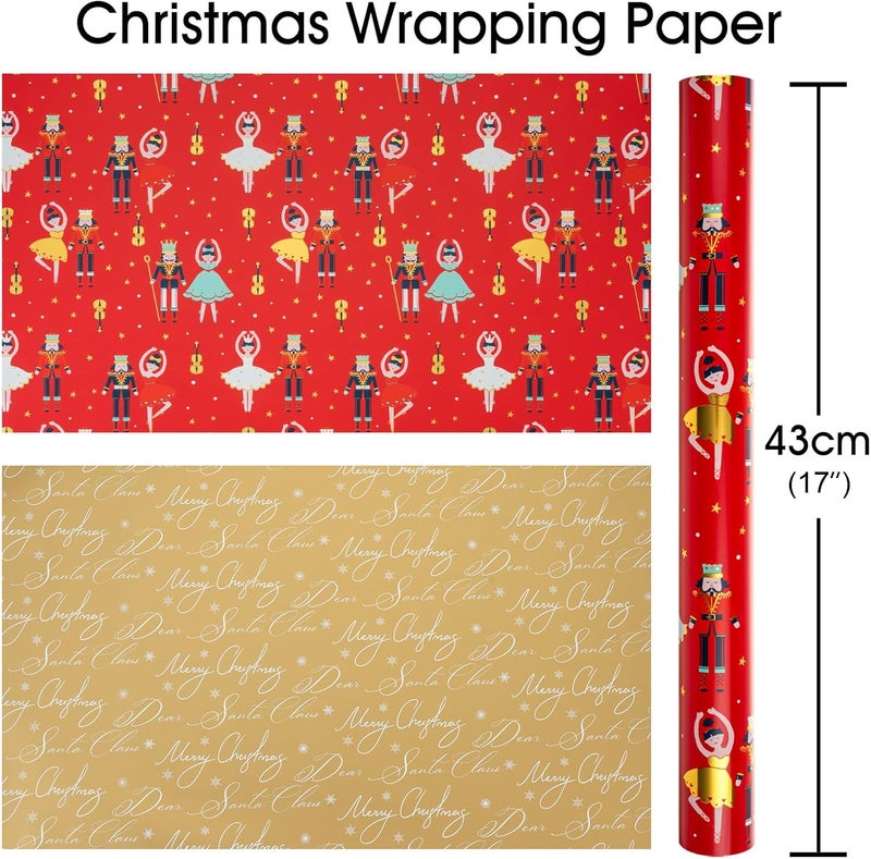MAYPLUSS Red Christmas Wrapping Paper Roll - 17IN X 33FT - Christmas Nutcracker Gift Wrapping Paper Featuring Ballet Guitar Gold Star Reversible Gold for Kids, Holiday, New Year - Image 4