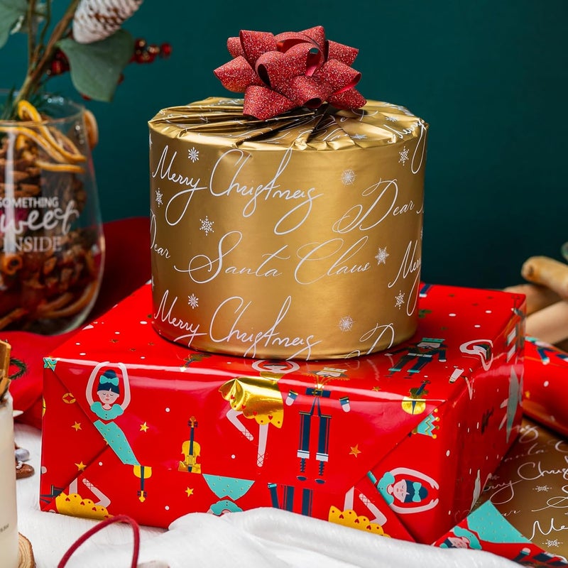 MAYPLUSS Red Christmas Wrapping Paper Roll - 17IN X 33FT - Christmas Nutcracker Gift Wrapping Paper Featuring Ballet Guitar Gold Star Reversible Gold for Kids, Holiday, New Year - Image 3