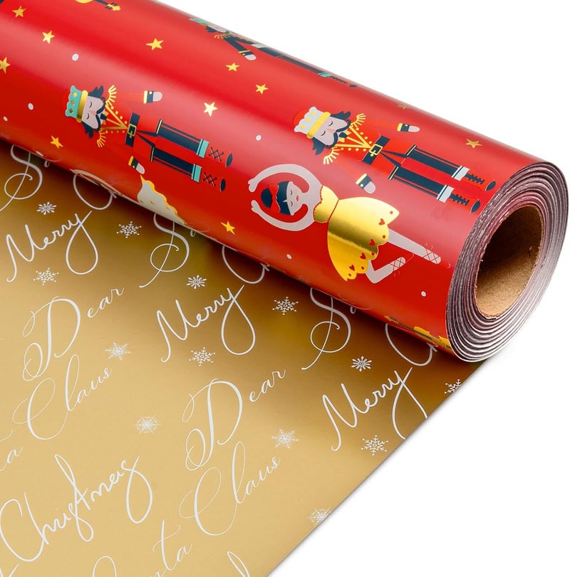 MAYPLUSS Red Christmas Wrapping Paper Roll - 17IN X 33FT - Christmas Nutcracker Gift Wrapping Paper Featuring Ballet Guitar Gold Star Reversible Gold for Kids, Holiday, New Year - Image 1