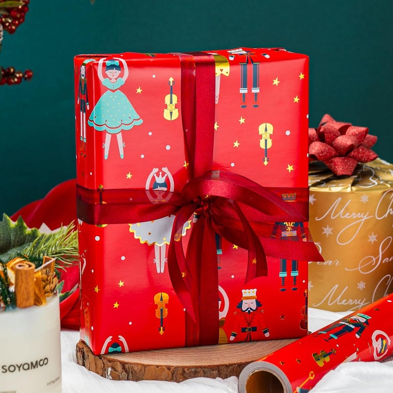 MAYPLUSS Red Christmas Wrapping Paper Roll - 17IN X 33FT - Christmas Nutcracker Gift Wrapping Paper Featuring Ballet Guitar Gold Star Reversible Gold for Kids, Holiday, New Year - Image 5