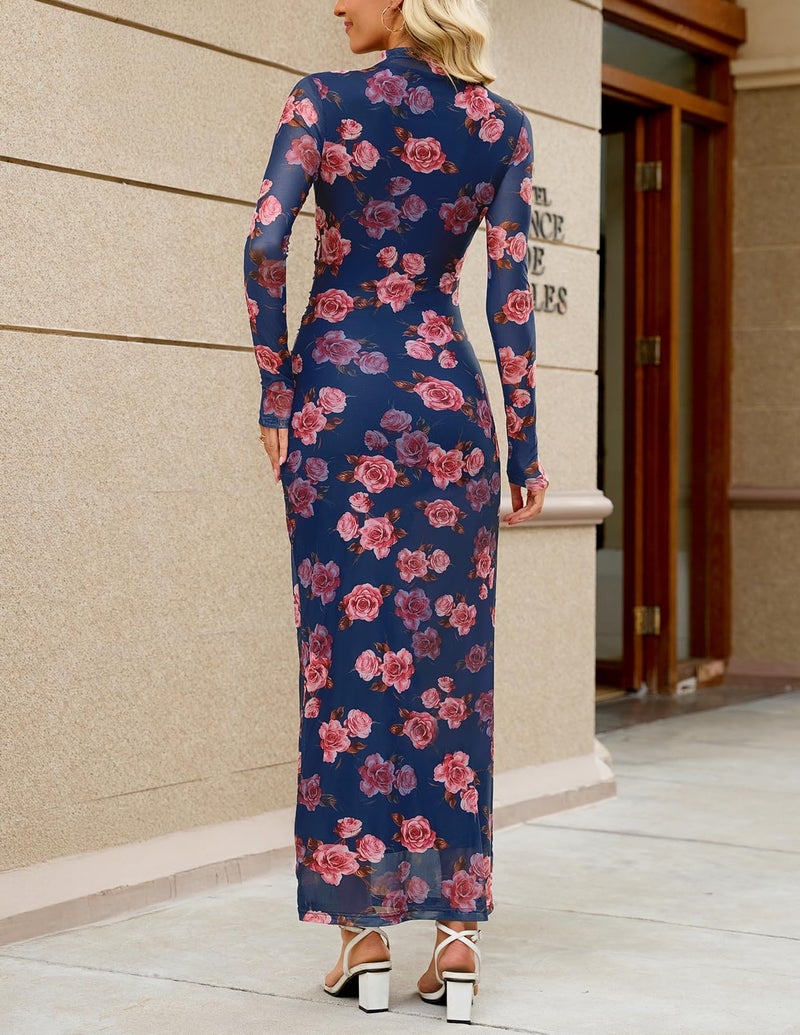 MEROKEETY Women's Spring Wedding Guest Dress 2026 Long Sleeve Bodycon Floral Mesh Fall Cocktail Holiday Party Maxi Dresses, NavyPink, XL - Image 3