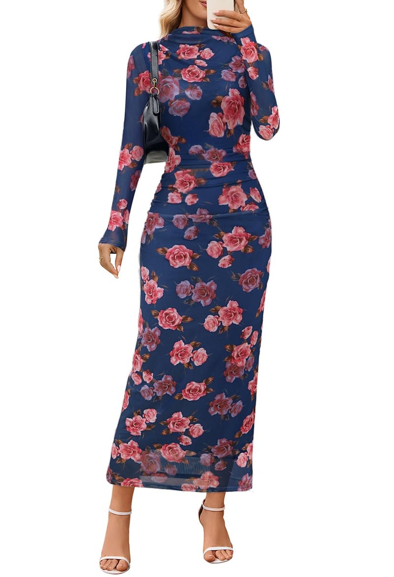 MEROKEETY Women's Spring Wedding Guest Dress 2026 Long Sleeve Bodycon Floral Mesh Fall Cocktail Holiday Party Maxi Dresses, NavyPink, XL - Image 1